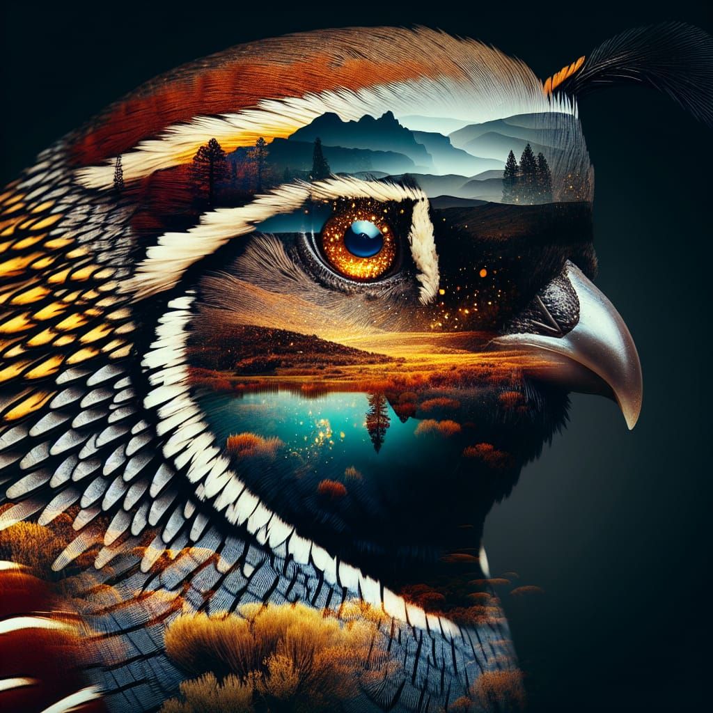Quail with Blue Eyes in Double Exposure Style