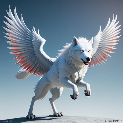 "white wolf with red eyes" wings Pixar, Disney, concept art, 3d digital art, Maya 3D, ZBrush Central 3D shading, bright ...