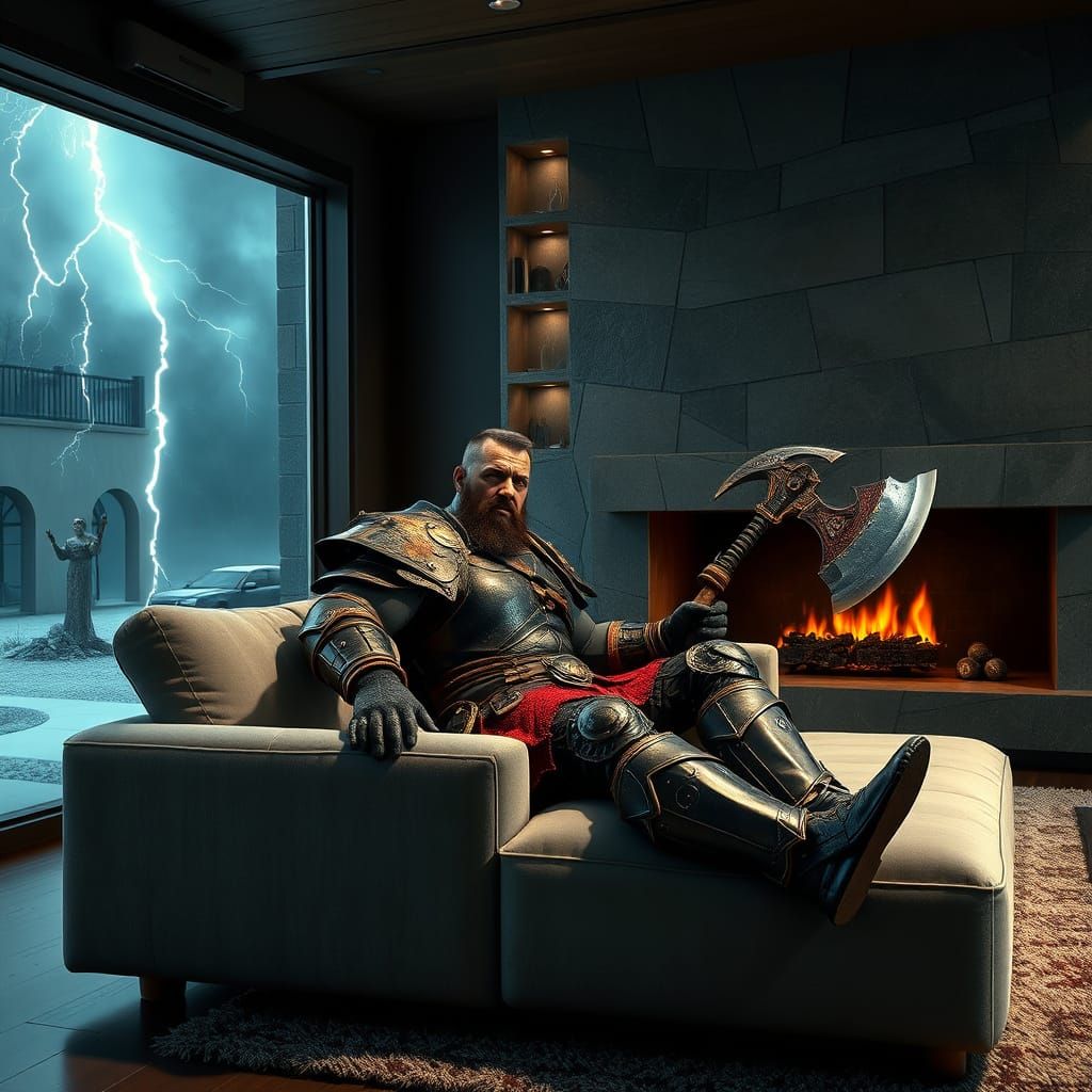 Diablo Barbarian Relaxing in Modern Living Room