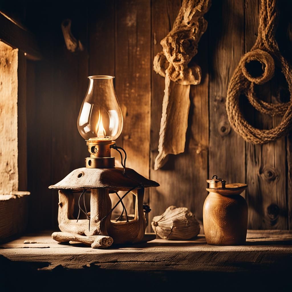 Une lamp suspendu à l'intérieur d'une veille cabane de pêche. Elle est fabriqué d'os baleine creusé.