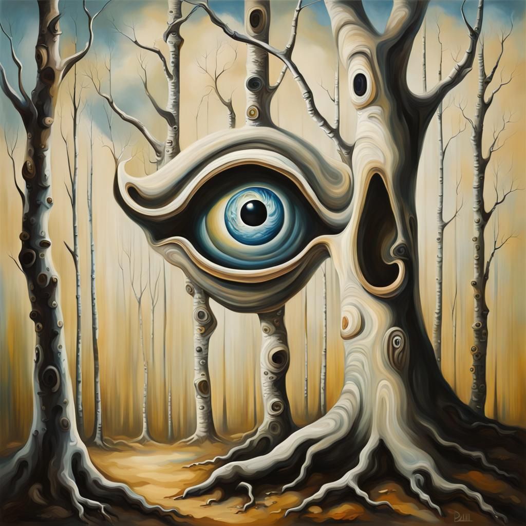 Surreal Spiral-Eyed Monster in Birch Forest