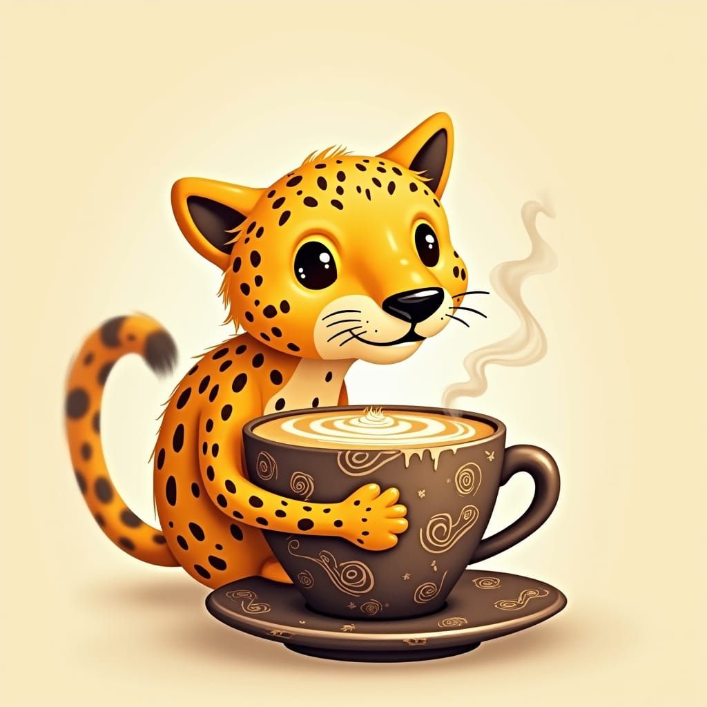 Cheetah and Coffee Cup in Digital Art Style