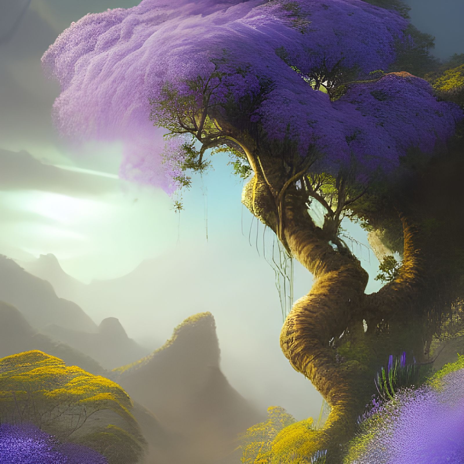 Cliffside Jacaranda Tree in Detailed Fantasy Art