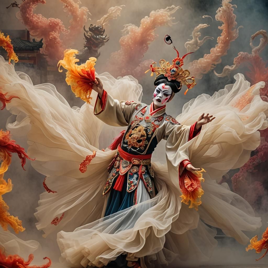 Dramatic Peking Opera Singer in Motion with Tulle Costume