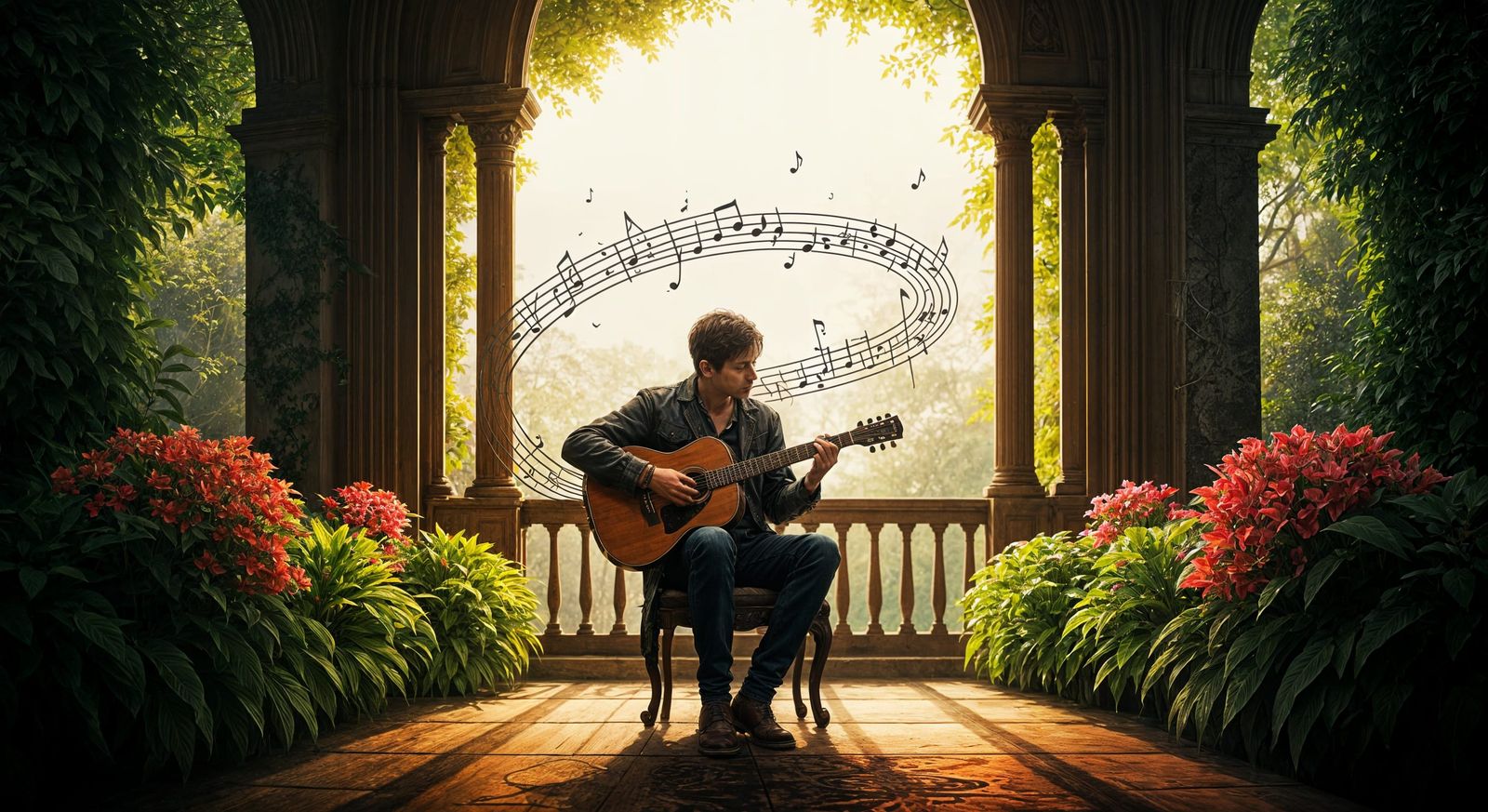 Silhouette Guitarist in Watercolor Fantasy Realm