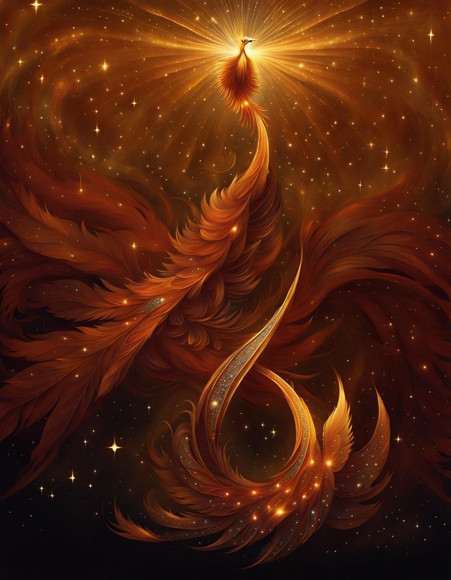 Fiery Phoenix Floating in a Silvery Void