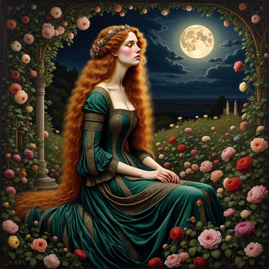 Woman in Magical Garden, Pre-Raphaelite Style