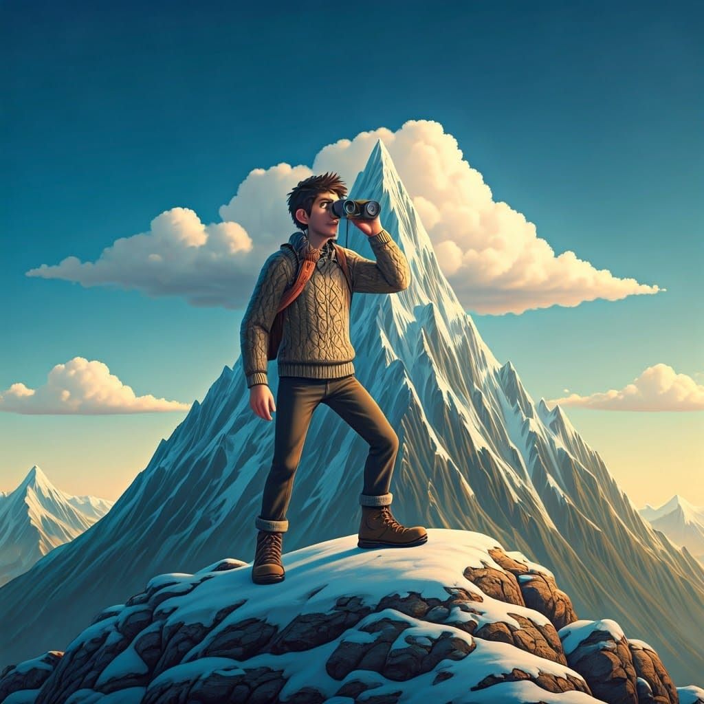 Heroic Explorer Stands atop Majestic Mountain in Whimsical 3...