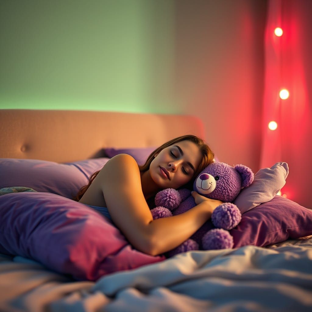 Dreamy Bedroom Scene with Woman and Purple Bears