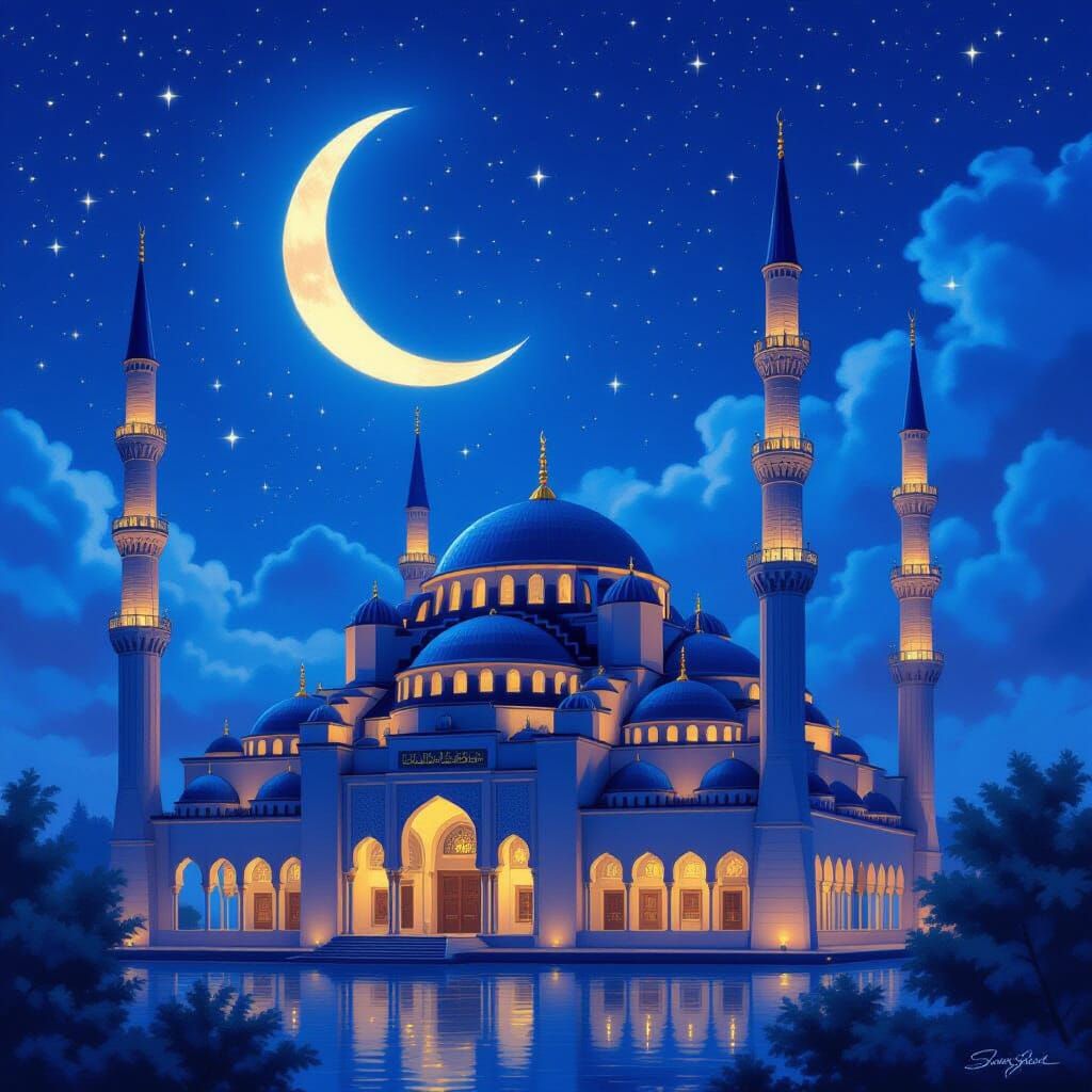 Dreamlike Mosque at Night Under Crescent Moon