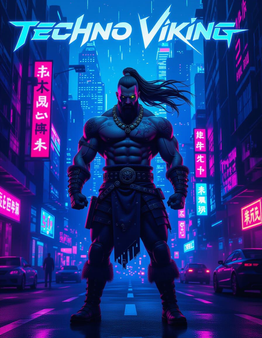 Techno Viking in Neon Cyberpunk Cityscape