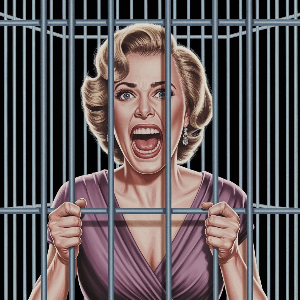 Woman Screaming in Cage - Retro Horror Poster Art