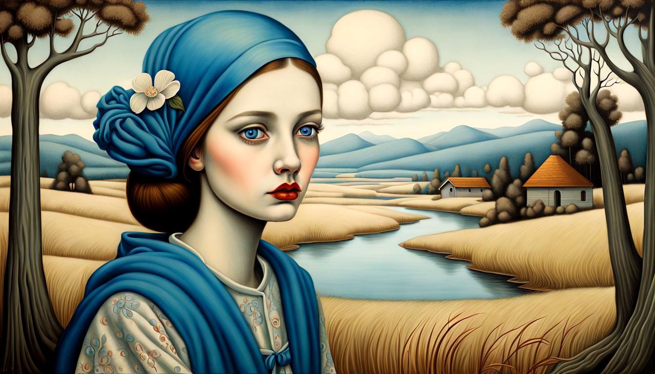 Art Nouveau Portrait of a Blue-Eyed Dreamer