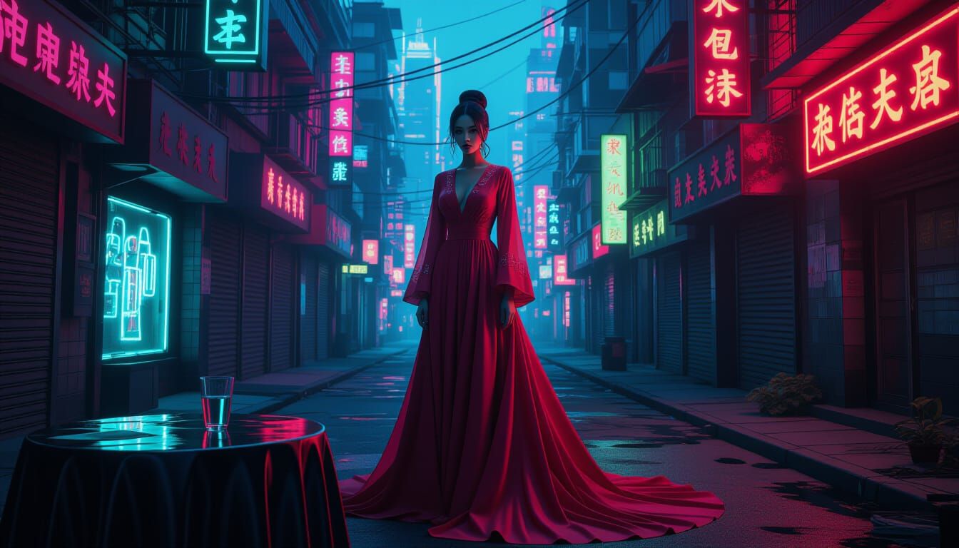 Woman in Neon Cityscape, Hyperrealistic 8k Resolution
