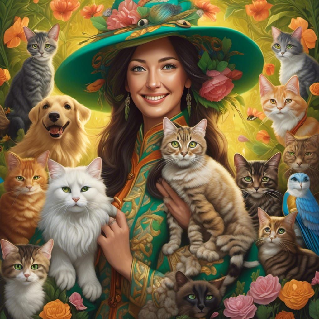 Happy Pet Sitter Surrounded by Animals