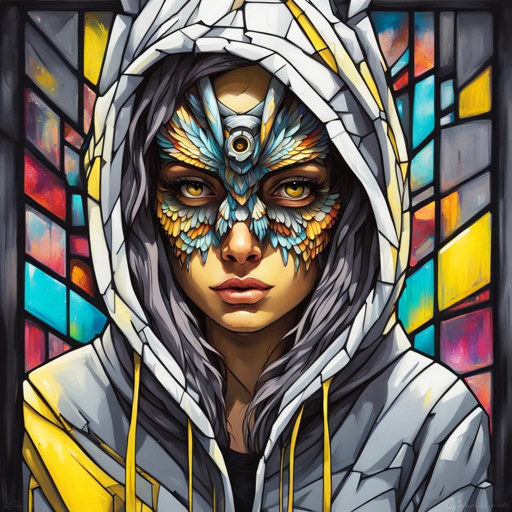 Cyberpunk Stained Glass Owl-Girl: Graffiti Street Art