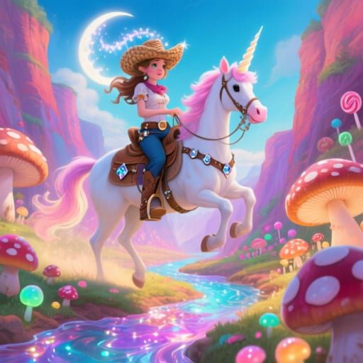 Fairytale Cowgirl Rides Unicorn Through Candy Canyon
