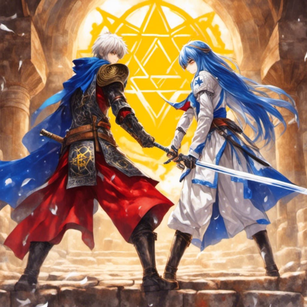 Swordsmen Duel at Western Wall in Anime Style