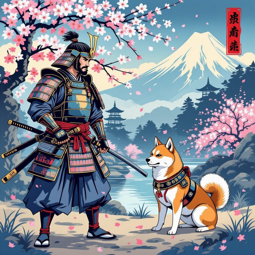 Samurai Warrior and Shiba Inu in Ukiyo-e Style