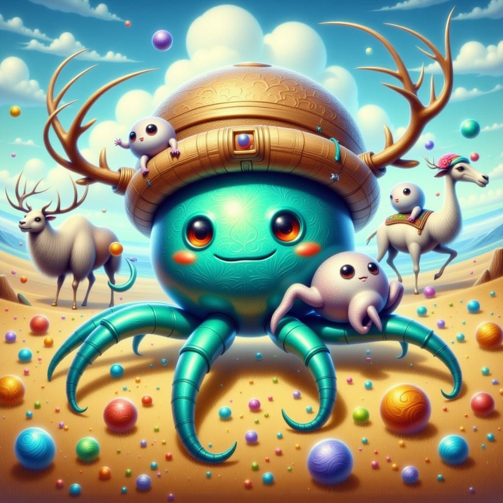 Surreal Mongolian Steppes Scene with Spider-Octopi and Local...