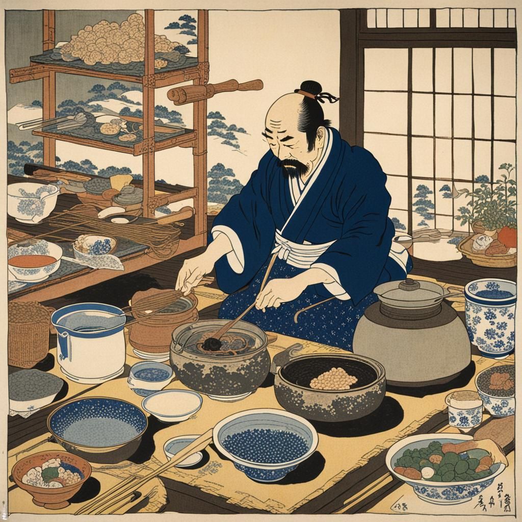Japanese Cook in Kitchen: Hokusai and Miyazaki Style