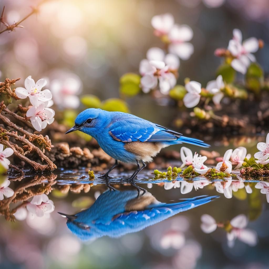 Blue Bird Drinks from Puddle: Macro Photograph