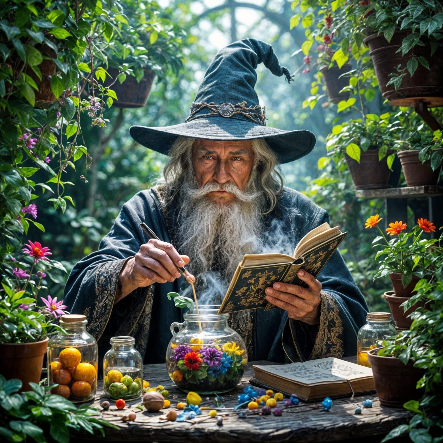 Elderly Sorcerer Mixing Potion with Magical Plants