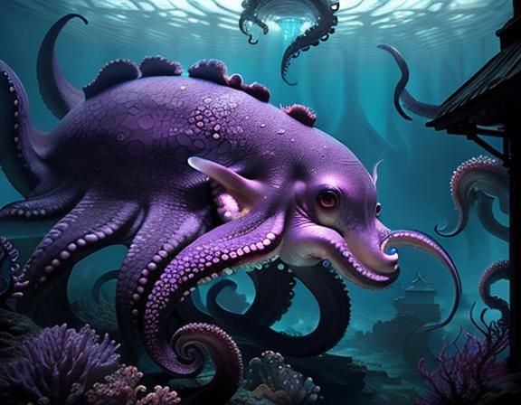 Underwater Woman-Octopus Hybrid in Digital Matte Painting
