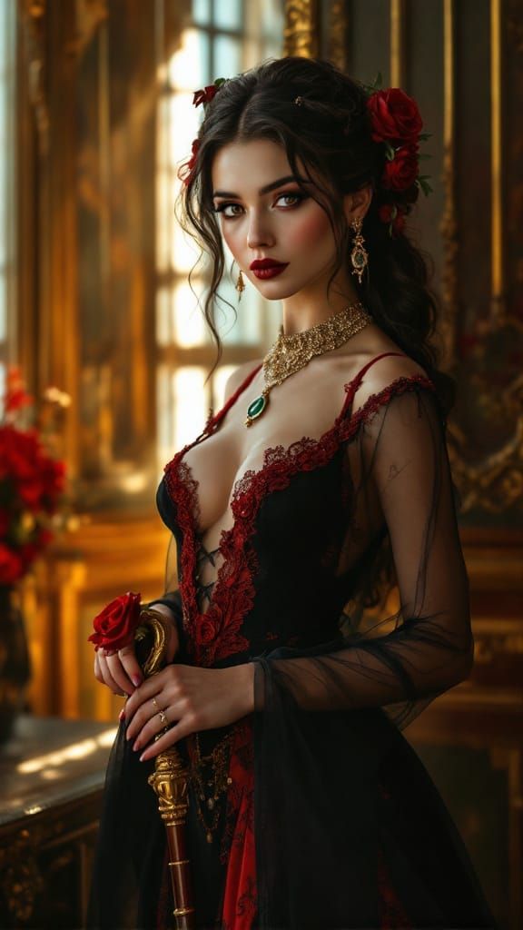 Elegant Young Woman in Rococo Interior: Cinematic Realism