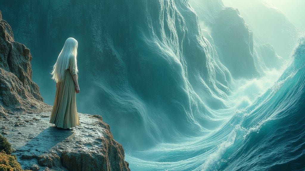 Woman on Cliff Overlooking Evolving Sea Creatures