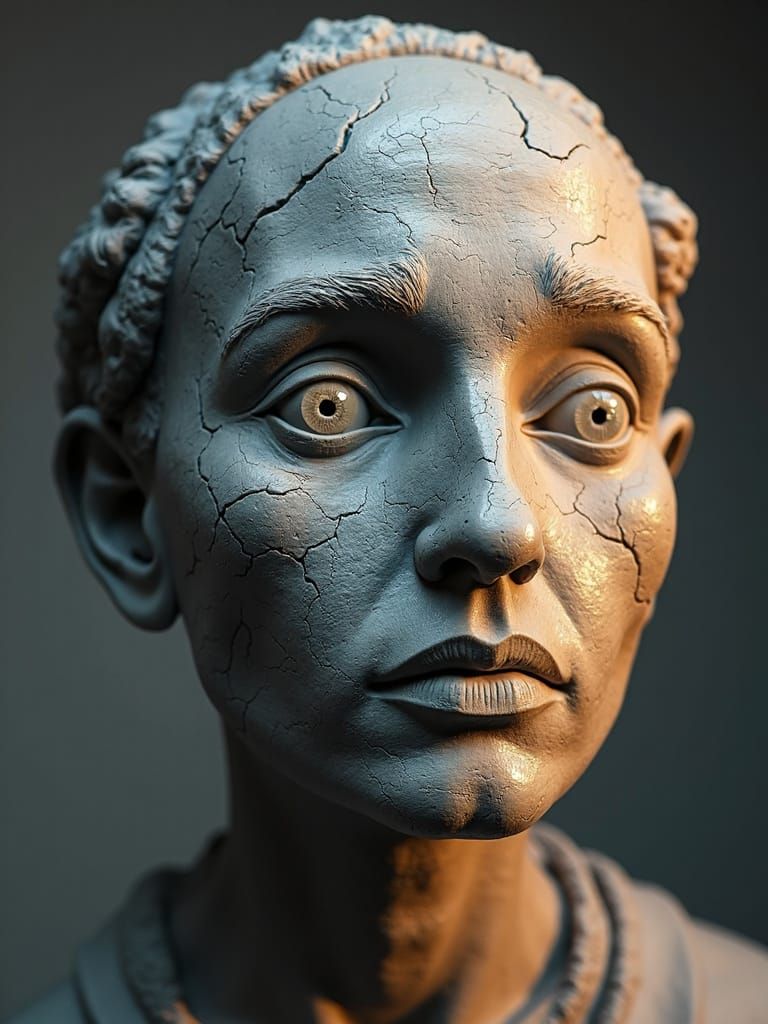 Hyperrealistic Clay Sculpture of Weathered Face in Greyscale