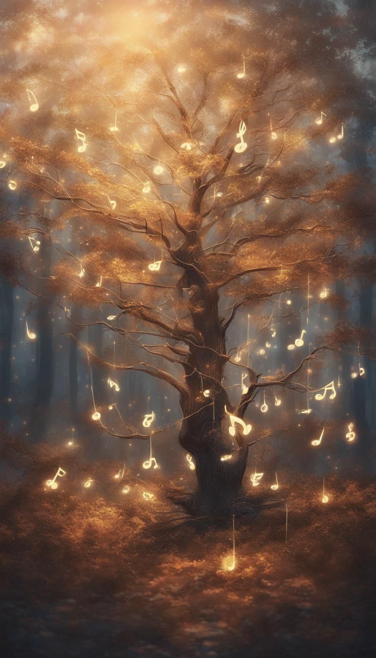Enchanted Tree with Musical Notes at Dusk