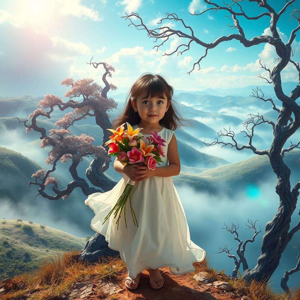 Surreal Dreamscape with Girl and Exotic Flowers