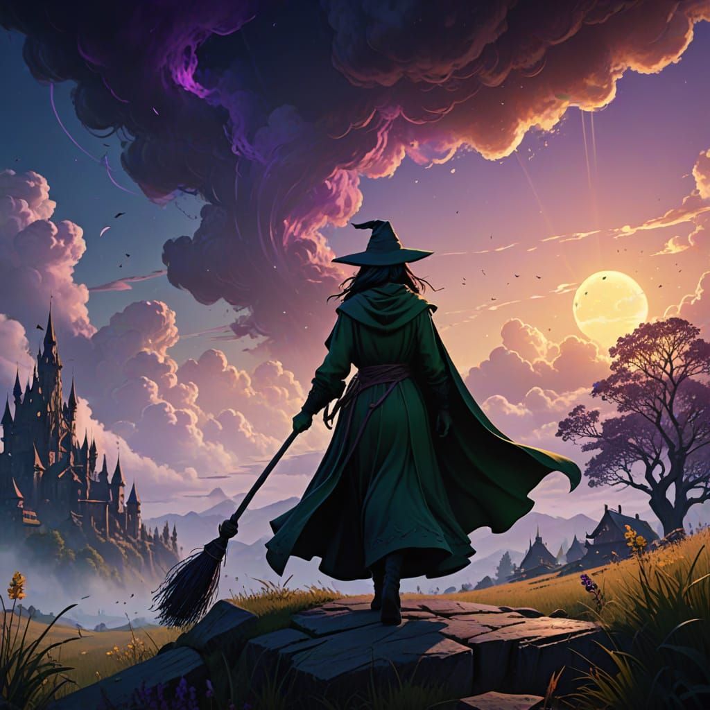 Elphaba Soars on a Twisted Broomstick in Dark Fantasy
