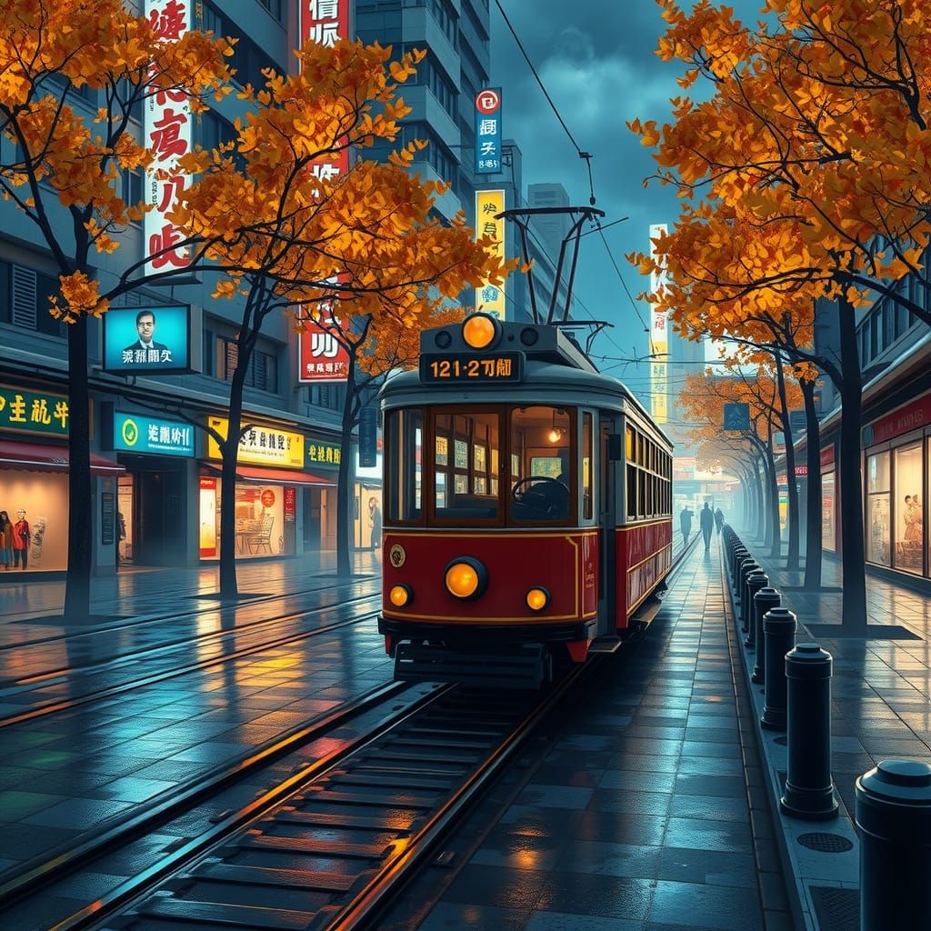 Hong Kong Tram at Dusk in Autumn
