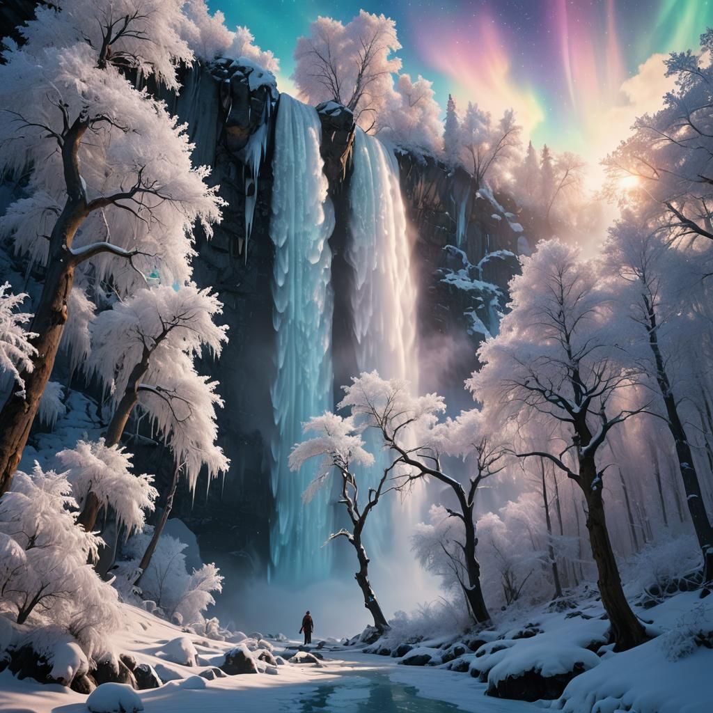 Celestial Being at Snowy Waterfall in Digital Art