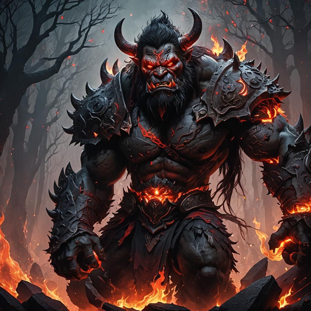 Fiery Orc Warlord in Dark Fantasy Anime Style