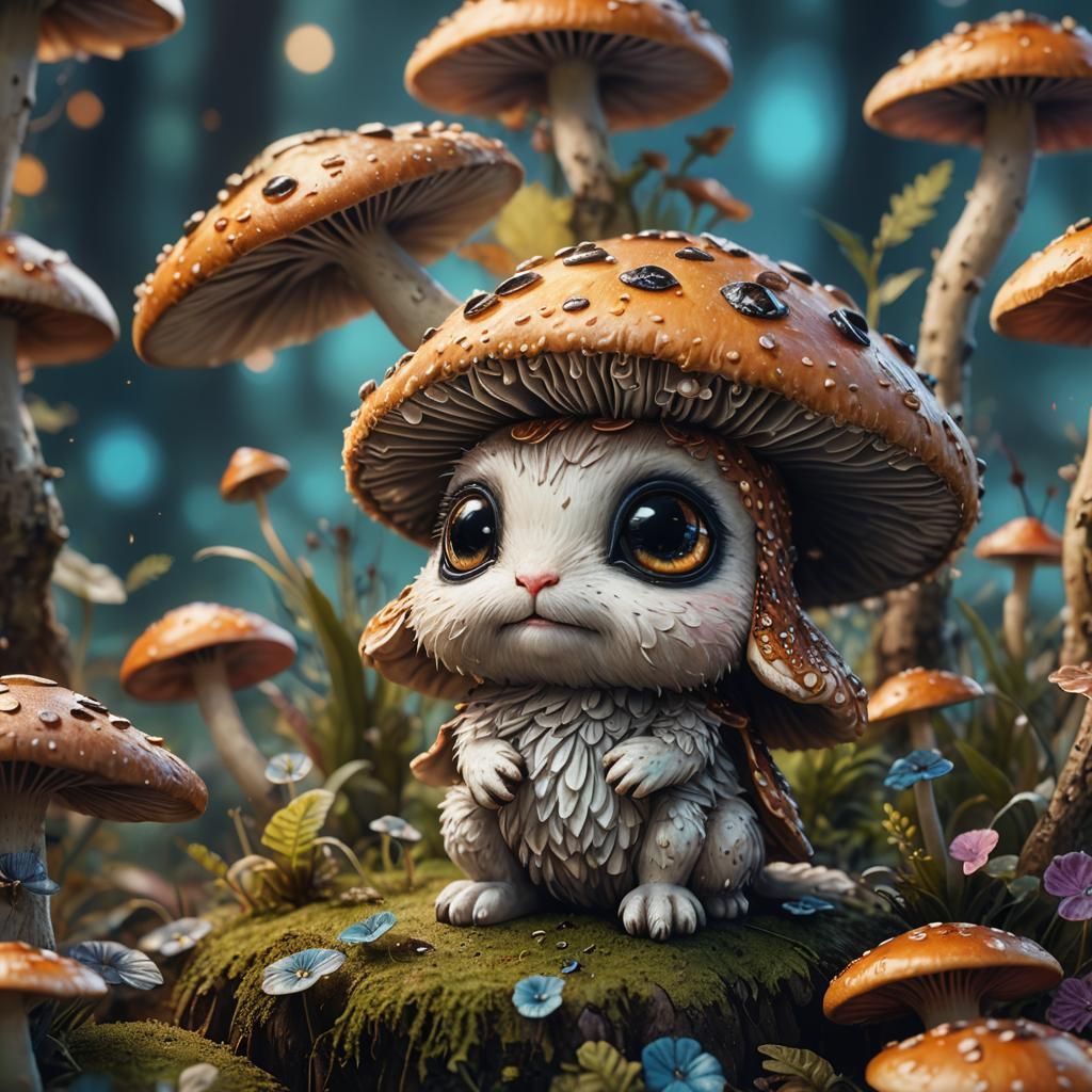Adorable Chibi Creature on Mushroom, Fantasy Concept Art
