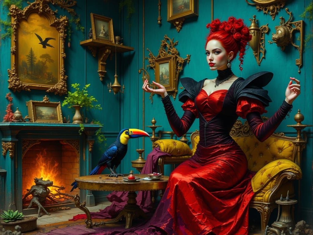Red Baroness and Toucan Tea Party in Opulent Salon