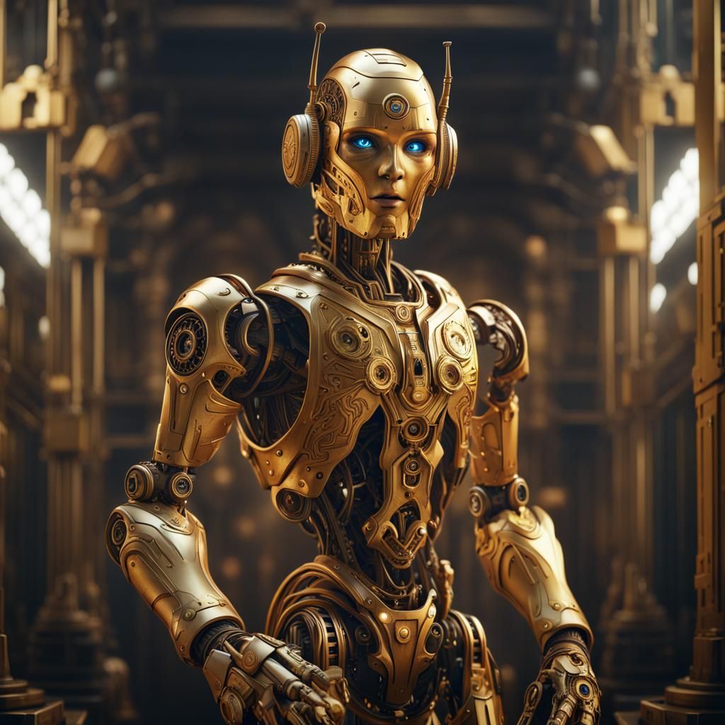 Golden Humanoid Robot in Detailed Matte Painting