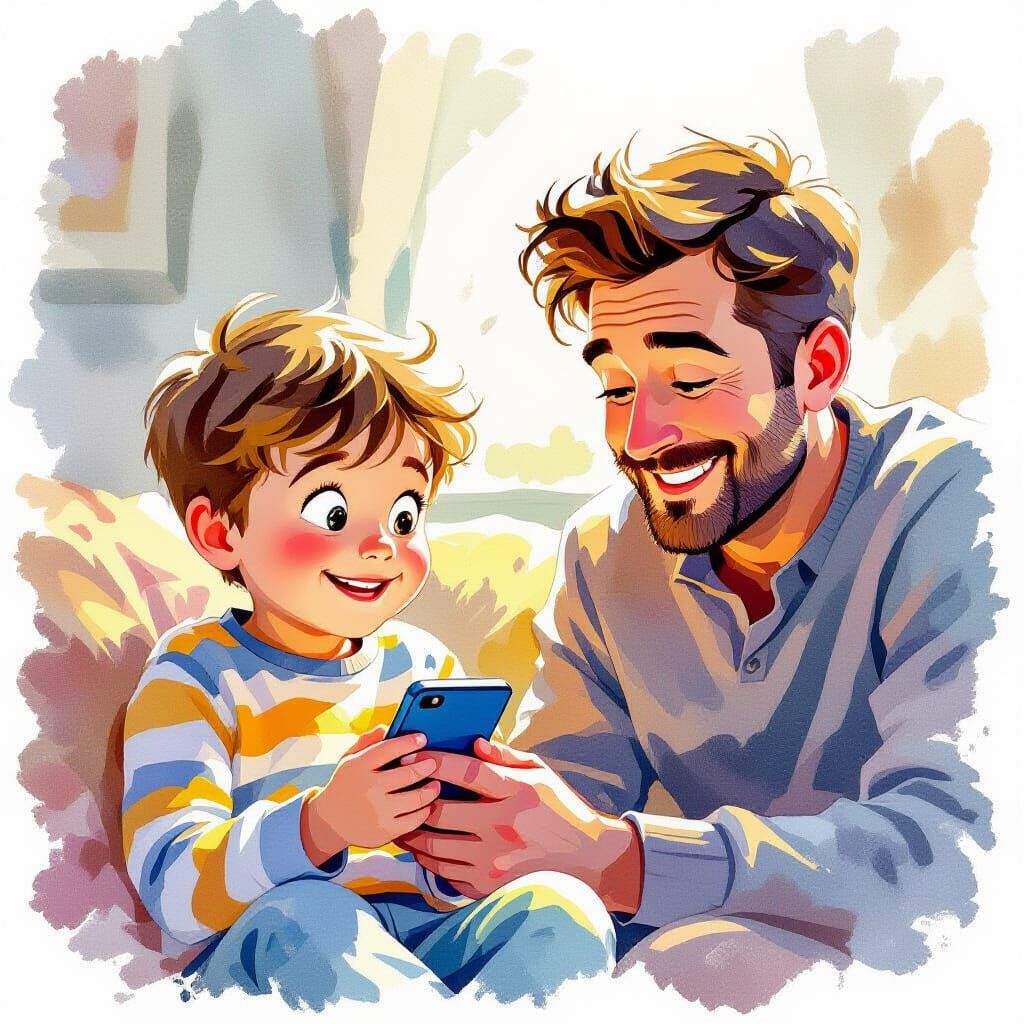 Boy Watching Cartoons, Father Smiling in Watercolor Style
