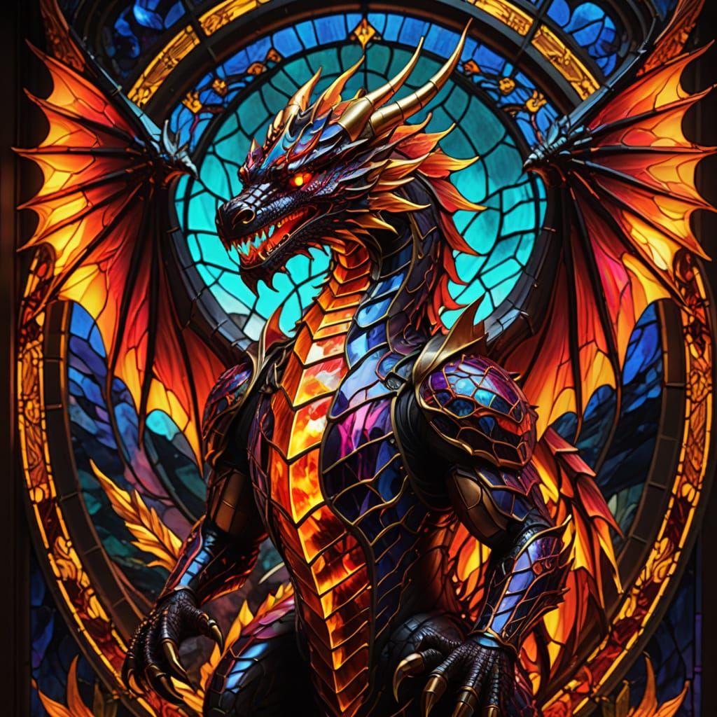 Futuristic Stained Glass Dragon in Neon Colors