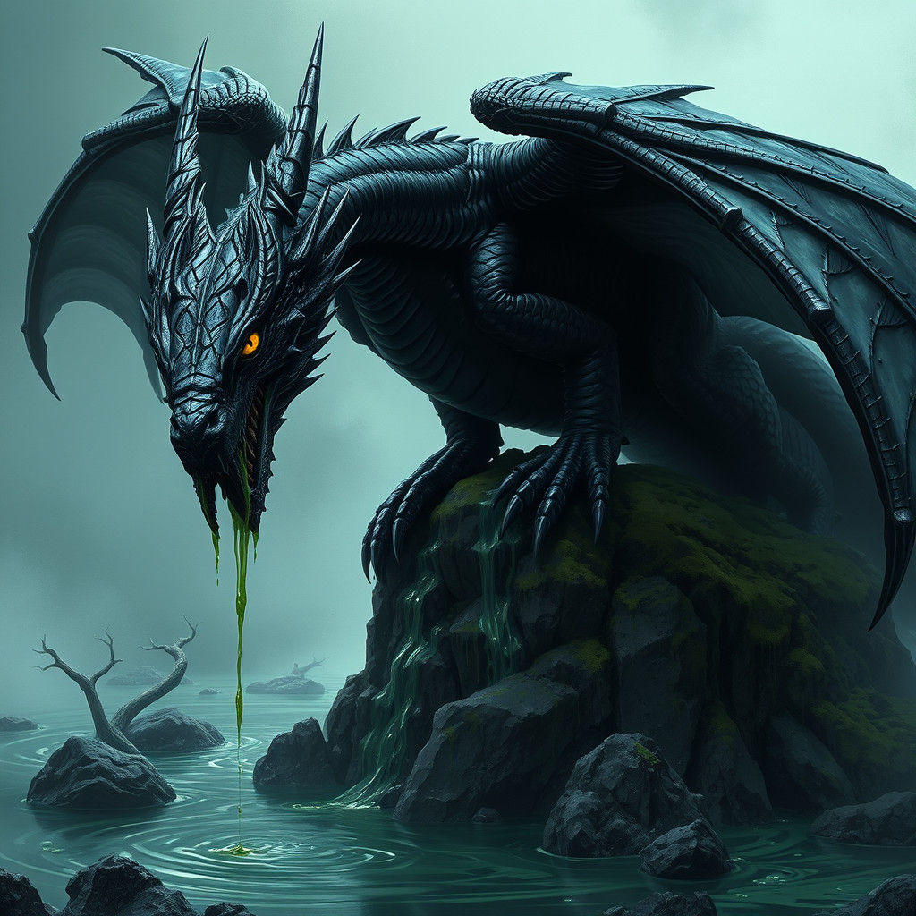 Black Dragon in Eerie Swamp, Digital Matte Painting