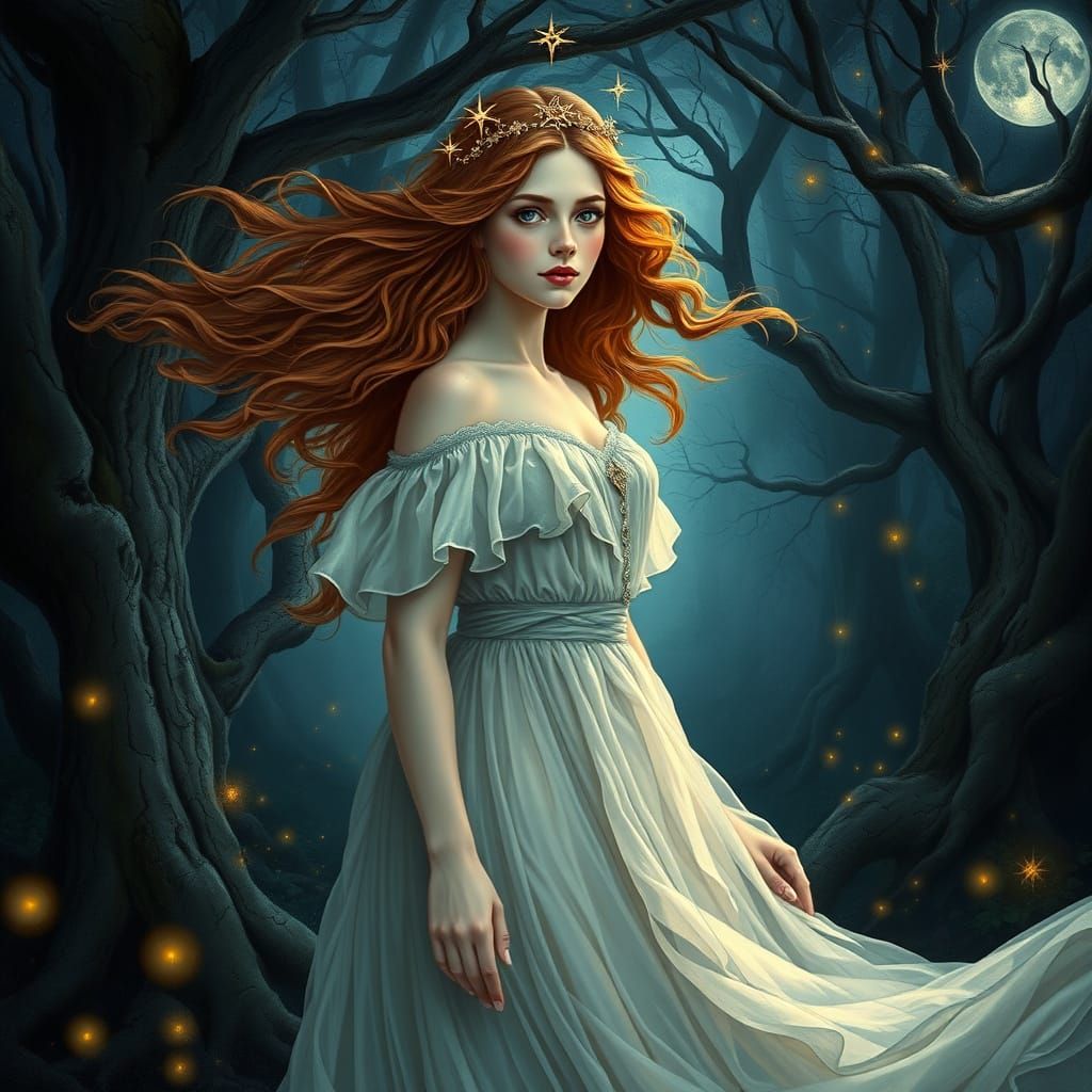 Ethereal Woman in Moonlit Grove: Pre-Raphaelite Style
