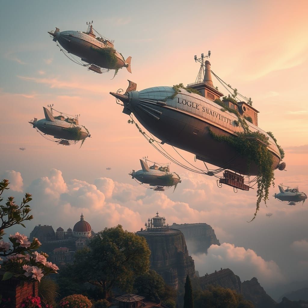 Botanical Airships in Pastel Sky, Surreal Art Nouveau