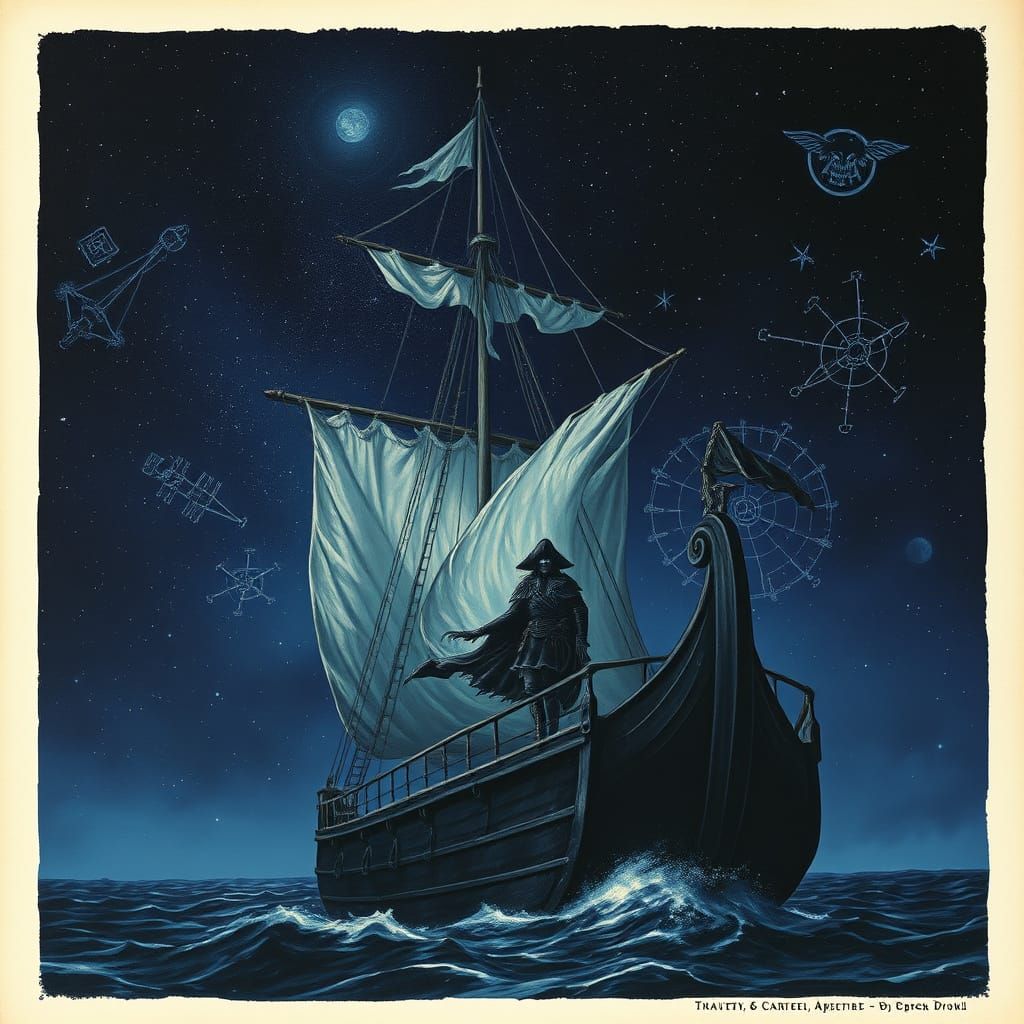 Ghostly Pirate Sailing a Starry Sea