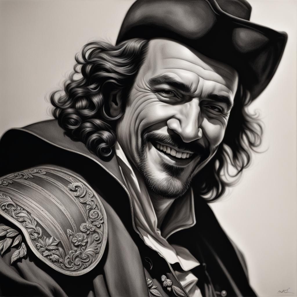 Hyper-Realistic Pencil Portrait of Laughing Cyrano