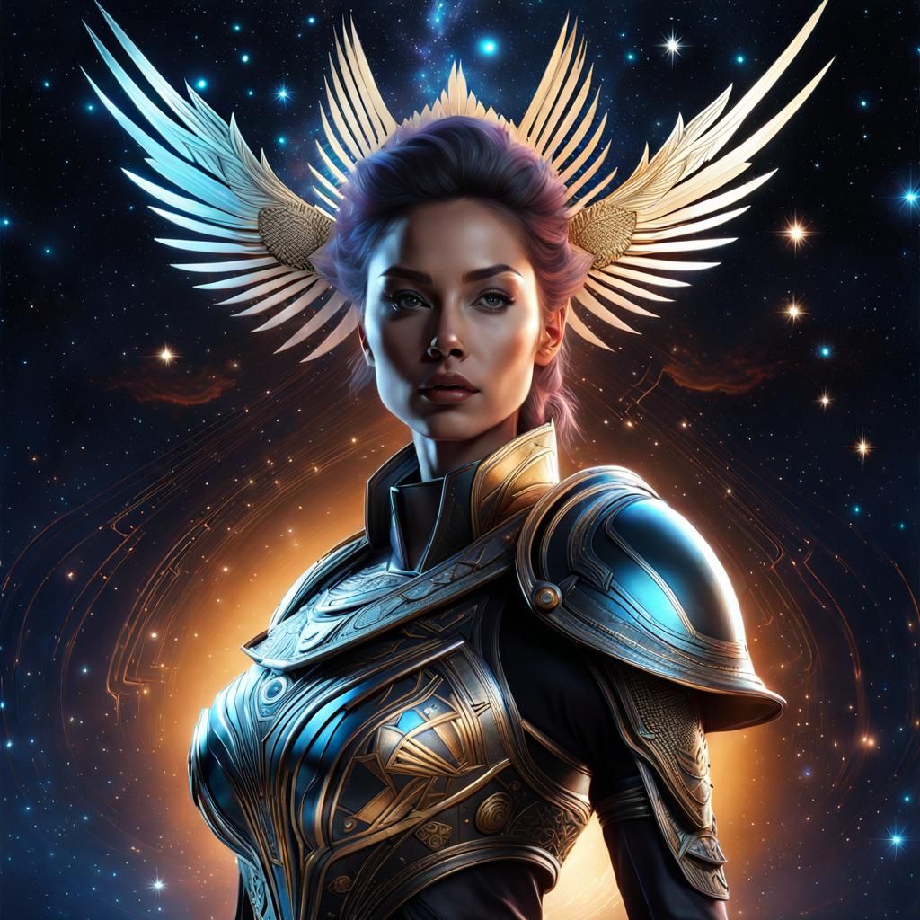 Sci-Fi Female Warrior with Hawk in Starry Galaxy