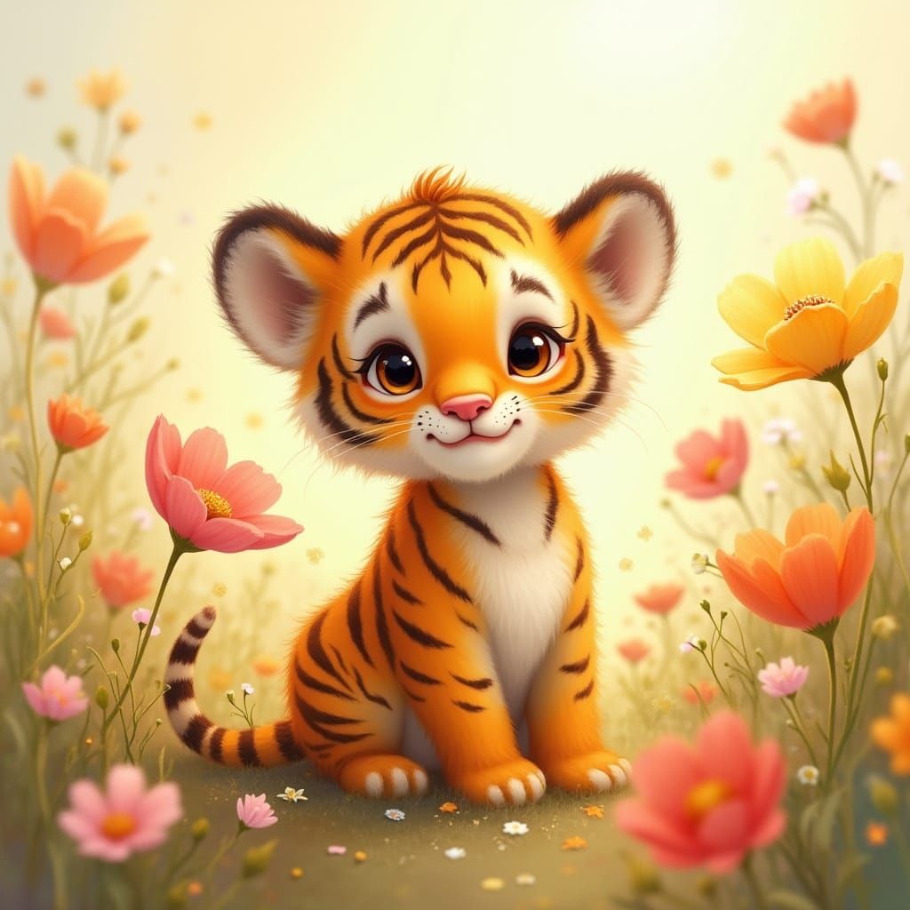 Cuddly Baby Tiger in Whimsical Flower Field