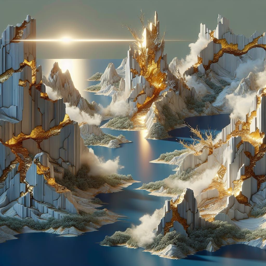 Surreal Landscape Restored with Gold: Digital Illustration